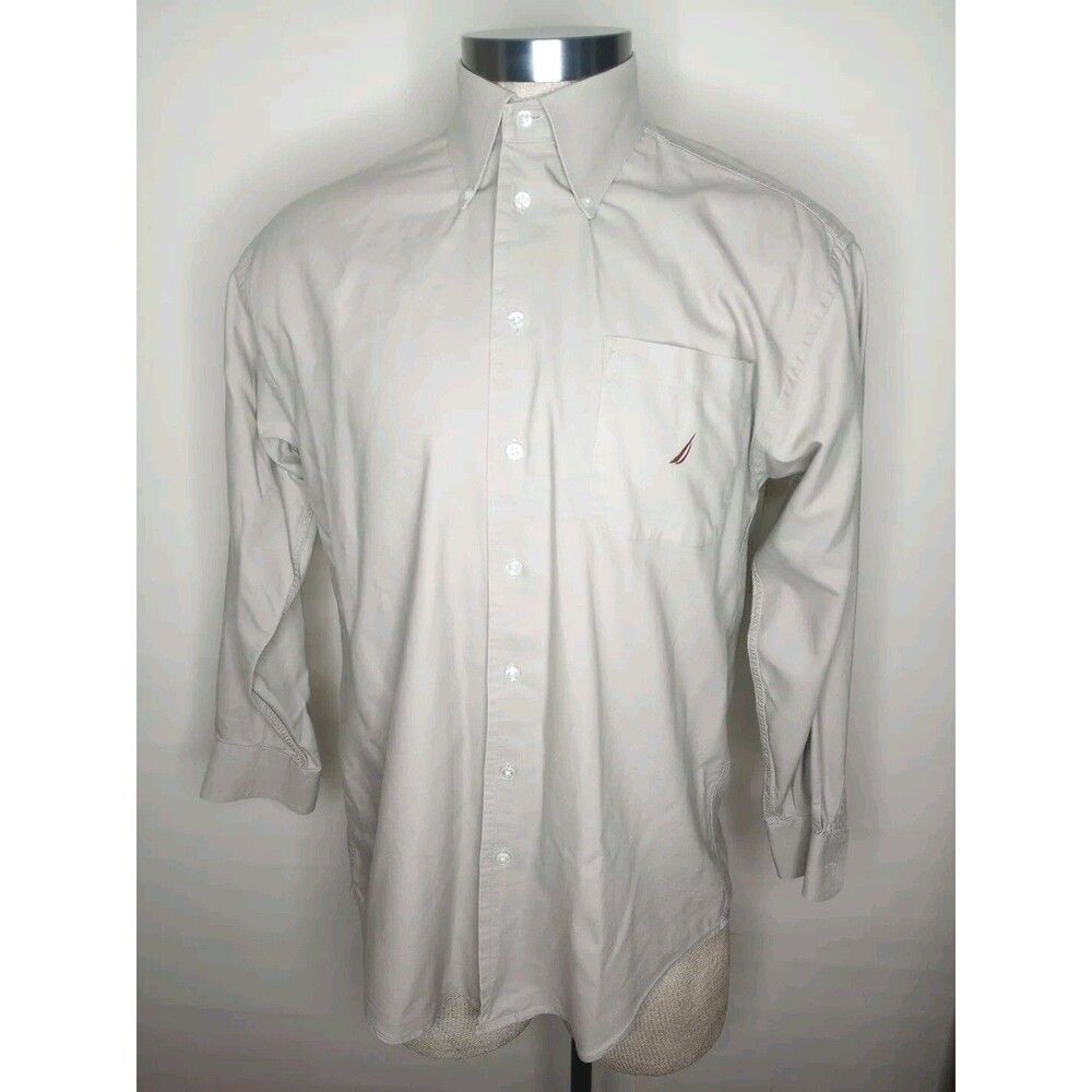 Mens Nautica Vintage Oxford Long Sleeve Tan Button Up Shirt Size 15 1/2 32-33